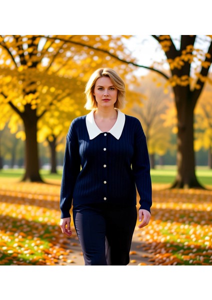 Kadın Şık Fitilli Dokuma Gömlek Yaka Detaylı Düğmeli Uzun Kollu Rahat Kesim Günlük Triko Hırka