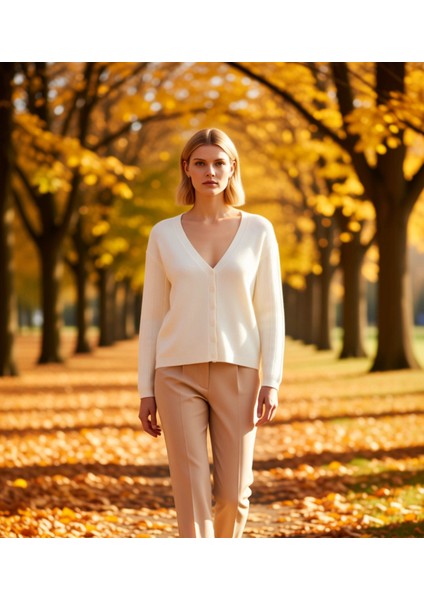 Kadın Yumuşak Dokulu V Yaka Düğmeli Regular Fit Uzun Kollu Triko Hırka Günlük Stilinize Özel