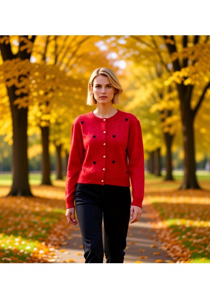 Kadın Yumuşak Dokulu Kalp Desenli Nakış Işlemeli Triko Hırka Günlük Şıklık ve Sunan Tasarım