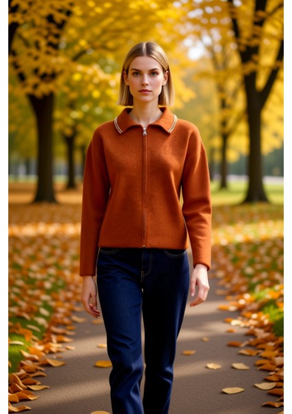 Kadın Giyim Koleksiyonu Incili Polo Yaka Fermuarlı Geniş Kalıp Triko Hırka Sunar Dayanıklı