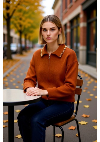 Kadın Giyim Koleksiyonu Incili Polo Yaka Fermuarlı Geniş Kalıp Triko Hırka Sunar Dayanıklı fiyatları