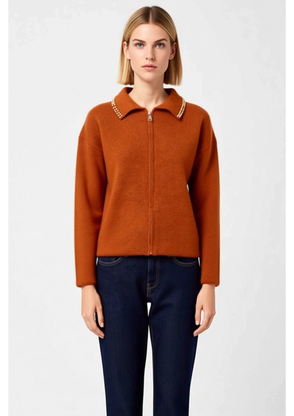 Kadın Giyim Koleksiyonu Incili Polo Yaka Fermuarlı Geniş Kalıp Triko Hırka Sunar Dayanıklı fırsatları