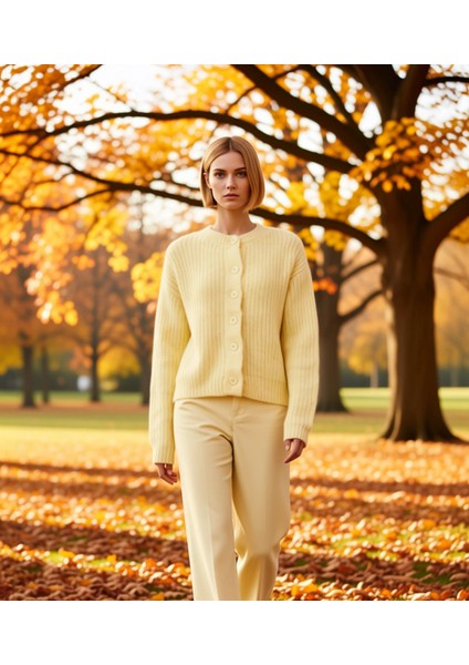 Kadın Yumuşak Dokulu Rahat Kesim Bisiklet Yaka Düz Desen Uzun Kollu Triko Hırka Fonksiyonel