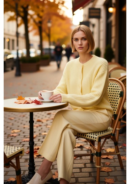 Kadın Yumuşak Dokulu Rahat Kesim Bisiklet Yaka Düz Desen Uzun Kollu Triko Hırka Fonksiyonel fiyatları