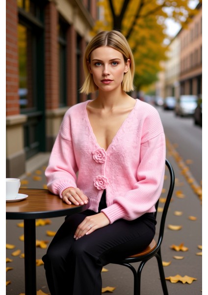 Kadın Regular Kesim V Yaka Balon Kol Gül Detaylı Crop Triko Hırka Yumuşak Dokusuyla Şıklık Sunar fiyatları