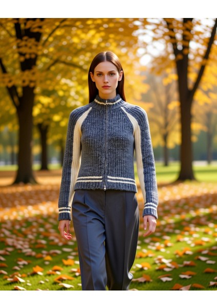 Kadın Renk Bloklu Fermuarlı Triko Hırka Fonksiyonel Dayanıklı Kaliteli Konforlu Estetik Şık