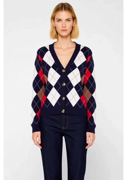 Kadın Argyle Desenli V Yaka Düğmeli Triko Hırka Rahat Kesim Uzun Kollu Şık Görünüm Sunan Hırka fırsatları