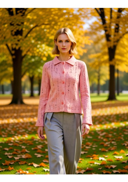 Kadın Ajurlu Delikli Buklet Iplikli Triko Hırka Günlük Şıklık ve Sunan Uzun Kollu Üst Giyim