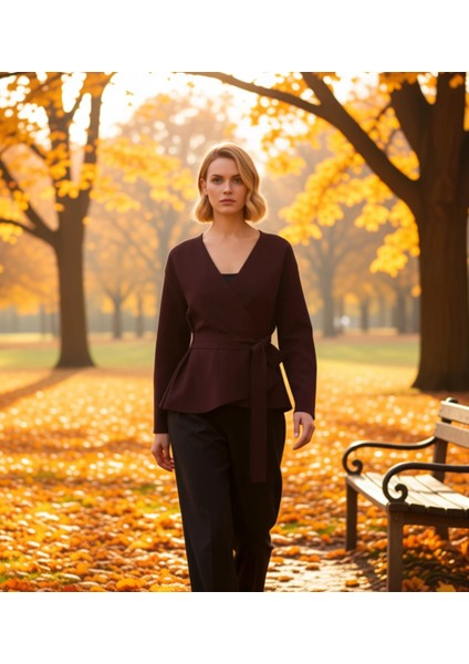 Kadın Kruvaze Bağlama Detaylı Fitilli Triko Bluz Günlük ve Iş Hayatına Uygun Uzun Kollu Üst Giyim