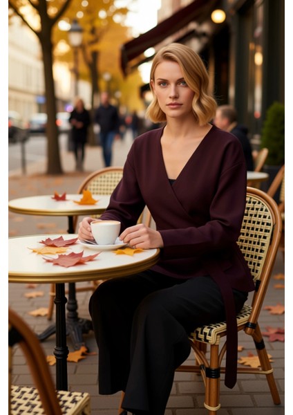 Kadın Kruvaze Bağlama Detaylı Fitilli Triko Bluz Günlük ve Iş Hayatına Uygun Uzun Kollu Üst Giyim fiyatları