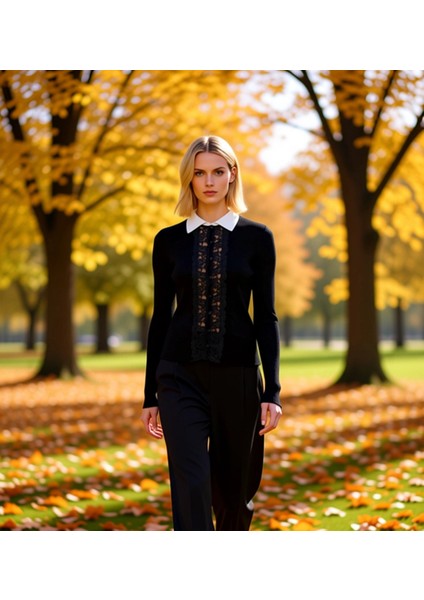 Kadın Dantel Garnili Fitilli Triko Hırka Polo Yaka Uzun Kollu Vücudu Saran Şık Tasarım Gündüzden