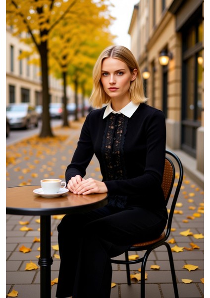 Kadın Dantel Garnili Fitilli Triko Hırka Polo Yaka Uzun Kollu Vücudu Saran Şık Tasarım Gündüzden fiyatları