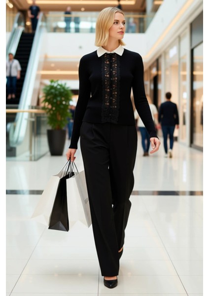 Kadın Dantel Garnili Fitilli Triko Hırka Polo Yaka Uzun Kollu Vücudu Saran Şık Tasarım Gündüzden modelleri