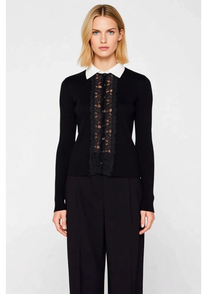 Kadın Dantel Garnili Fitilli Triko Hırka Polo Yaka Uzun Kollu Vücudu Saran Şık Tasarım Gündüzden fırsatları