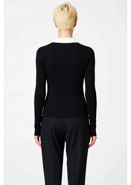 Kadın Dantel Garnili Fitilli Triko Hırka Polo Yaka Uzun Kollu Vücudu Saran Şık Tasarım Gündüzden indirimleri