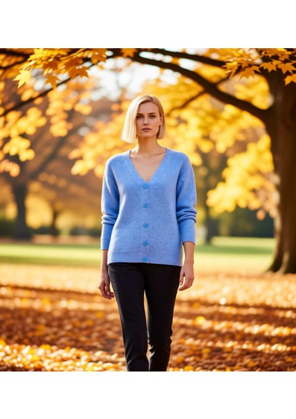 Kadın Düğmeli V Yaka Yumuşak Triko Hırka Rahat Kesim Uzun Kollu Kışlık Giyim ve Konforu Şık