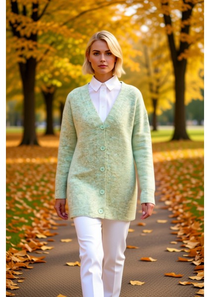 Kadın Düğmeli V Yaka Yumuşak Triko Hırka Rahat Kesim Uzun Kollu Kışlık Giyim ve Konforu Şık