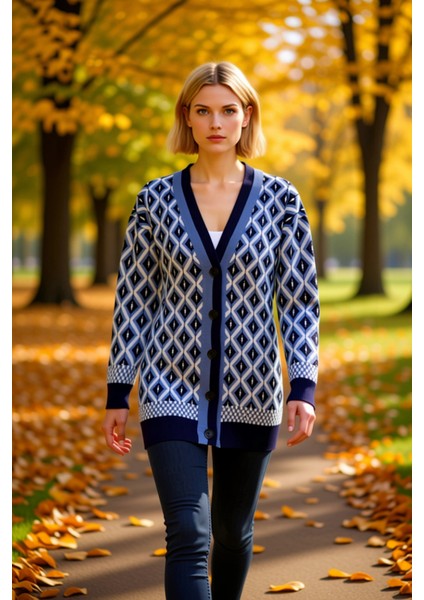 Kadın Jakar Desenli V Yaka Uzun Kollu Düğmeli Rahat Kesim Triko Hırka Günlük Şıklık ve Konfor