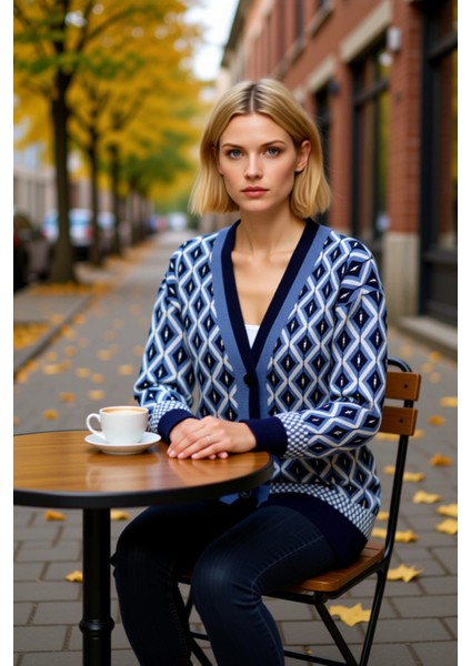 Kadın Jakar Desenli V Yaka Uzun Kollu Düğmeli Rahat Kesim Triko Hırka Günlük Şıklık ve Konfor fiyatları