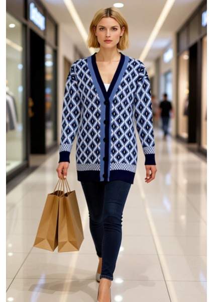 Kadın Jakar Desenli V Yaka Uzun Kollu Düğmeli Rahat Kesim Triko Hırka Günlük Şıklık ve Konfor modelleri