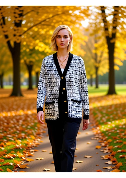 Kadın Geniş Kalıp V Yaka Düşük Kol Dokulu Simli Tüvit Görünümlü Uzun Triko Hırka Düğmeli Şık