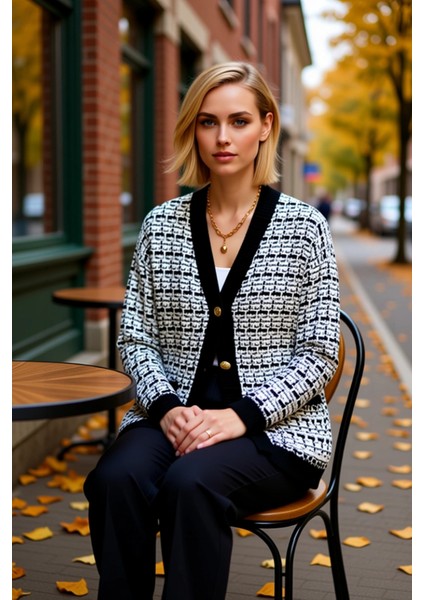 Kadın Geniş Kalıp V Yaka Düşük Kol Dokulu Simli Tüvit Görünümlü Uzun Triko Hırka Düğmeli Şık fiyatları