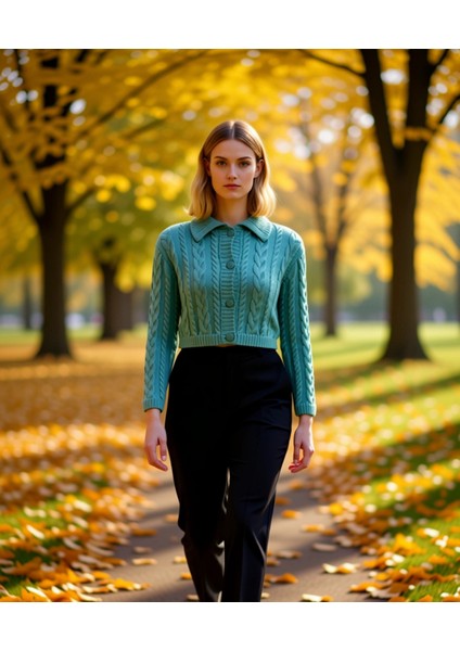 Kadın Düğme Detaylı Saç Örgü Desenli Polo Yaka Crop Kesim Uzun Kollu Orta Kalınlıkta Triko Hırka