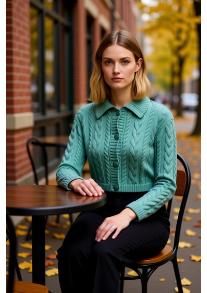 Kadın Düğme Detaylı Saç Örgü Desenli Polo Yaka Crop Kesim Uzun Kollu Orta Kalınlıkta Triko Hırka fiyatları