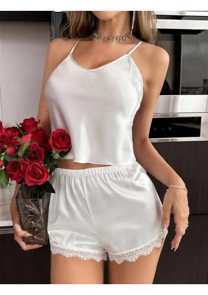 Arias Closet Beyaz Dantel Işlemeli Ince Askılı Saten Şortlu Takım