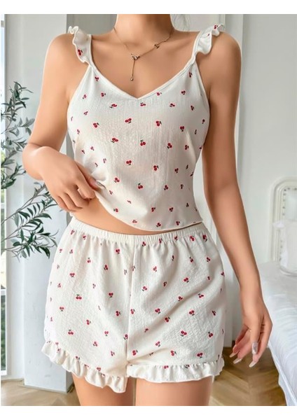 Arias Closet Pamuklu Beyaz Üstüne Kiraz Desen Fırfır Askılı Şortlu Pijama Takımı fiyatları