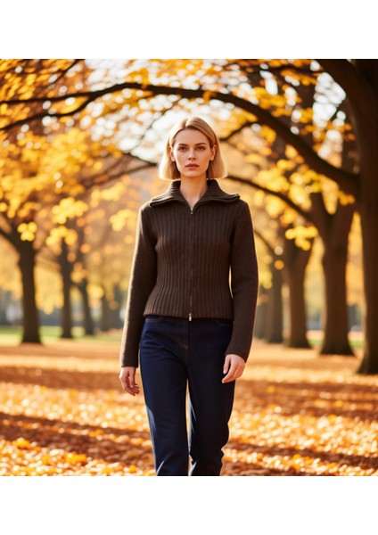 Kadın Sakal Iplik Fitilli Dokuma Fermuarlı Triko Hırka Uzun Kollu Devrik Yaka