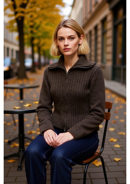 Kadın Sakal Iplik Fitilli Dokuma Fermuarlı Triko Hırka Uzun Kollu Devrik Yaka fiyatları