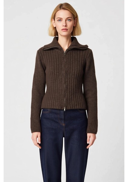 Kadın Sakal Iplik Fitilli Dokuma Fermuarlı Triko Hırka Uzun Kollu Devrik Yaka fırsatları