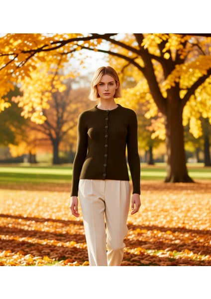 Kadın Vücuda Oturan Fitilli Dokulu Bisiklet Yaka Uzun Kollu Düğmeli Günlük Örme Triko Hırka