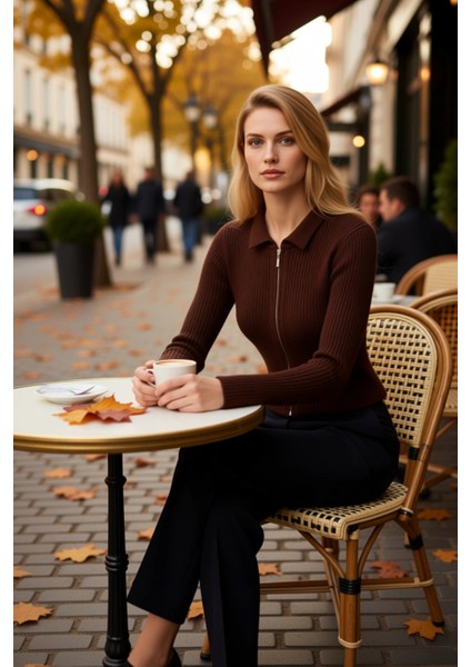 Kadın Yumuşak Dokulu Fitilli Crop Fermuarlı Triko Hırka Polo Yaka Detaylı Konforlu Günlük Şıklık fiyatları