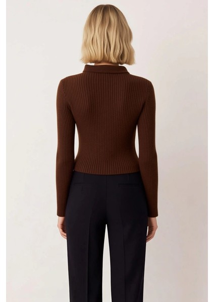 Kadın Yumuşak Dokulu Fitilli Crop Fermuarlı Triko Hırka Polo Yaka Detaylı Konforlu Günlük Şıklık indirimleri