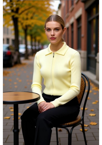 Kadın Yumuşak Dokulu Fitilli Crop Fermuarlı Triko Hırka Polo Yaka Detaylı Konforlu Günlük Şıklık fiyatları