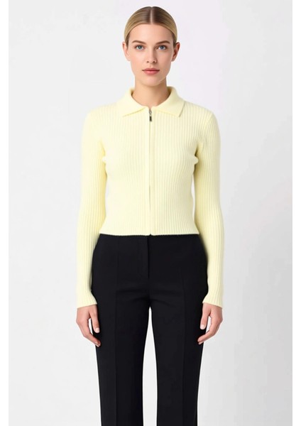 Kadın Yumuşak Dokulu Fitilli Crop Fermuarlı Triko Hırka Polo Yaka Detaylı Konforlu Günlük Şıklık fırsatları