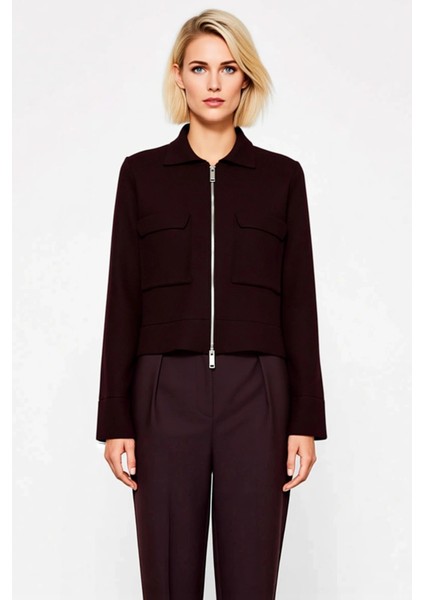 Kadın Modern Polo Yaka Fermuarlı Önü Cepli Uzun Kollu Rahat Kalıp Kısa Triko Ceket Günlük Şıklık fırsatları