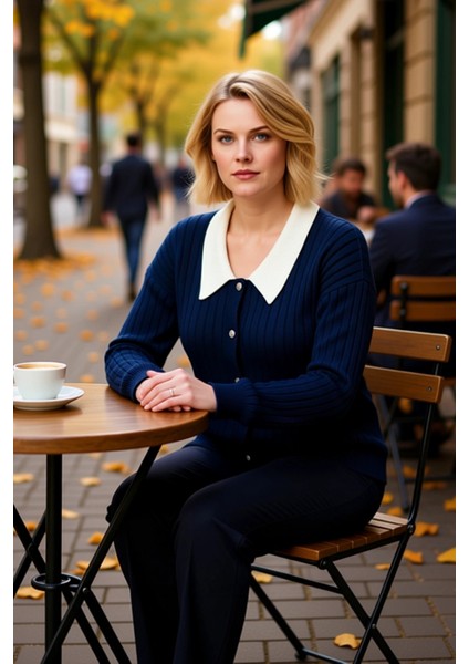 Kadın Şık Fitilli Dokuma Gömlek Yaka Detaylı Düğmeli Uzun Kollu Rahat Kesim Günlük Triko Hırka fiyatları