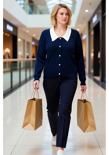 Kadın Şık Fitilli Dokuma Gömlek Yaka Detaylı Düğmeli Uzun Kollu Rahat Kesim Günlük Triko Hırka modelleri