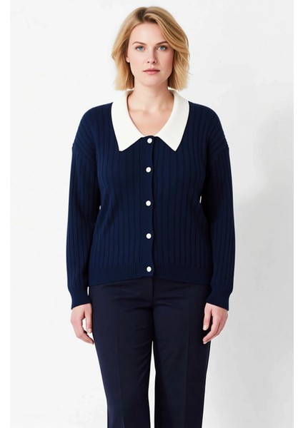 Kadın Şık Fitilli Dokuma Gömlek Yaka Detaylı Düğmeli Uzun Kollu Rahat Kesim Günlük Triko Hırka fırsatları