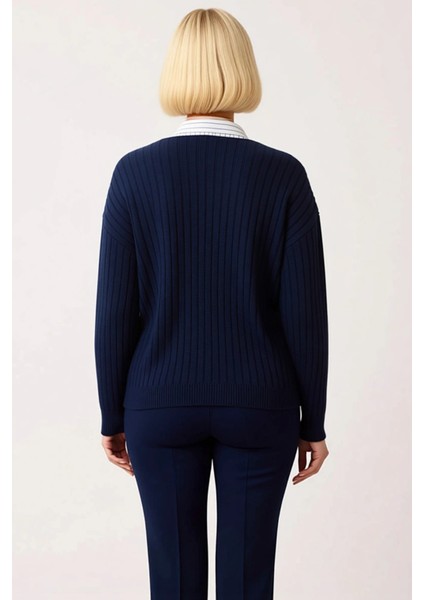 Kadın Şık Fitilli Dokuma Gömlek Yaka Detaylı Düğmeli Uzun Kollu Rahat Kesim Günlük Triko Hırka indirimleri