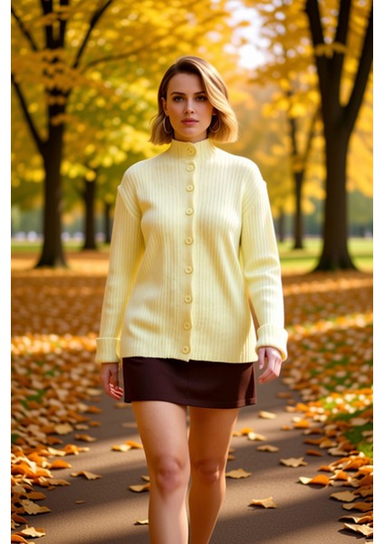 Kadın Polo Yaka Fitilli Triko Hırka Düşük Omuz Detaylı Rahat Kalıp Düğmeli Tasarım Günlük Şıklık