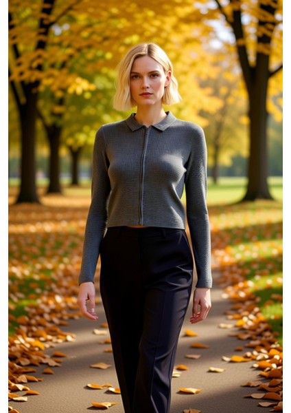 Kadın Crop Kesim Fermuarlı Polo Yaka Uzun Kollu Fitilli Triko Hırka Günlük Şıklık ve Sunan Tasarım