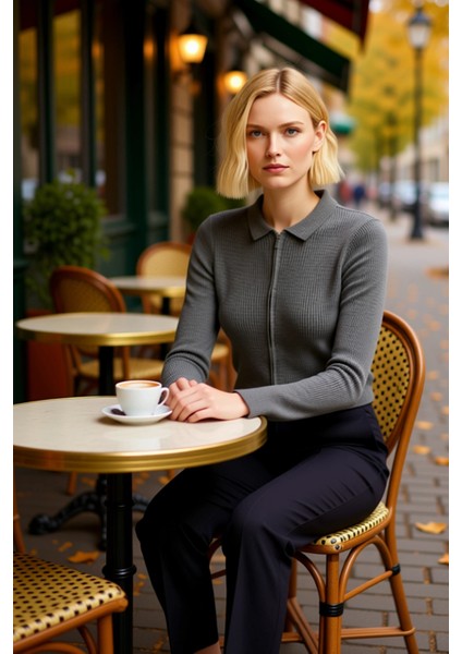 Kadın Crop Kesim Fermuarlı Polo Yaka Uzun Kollu Fitilli Triko Hırka Günlük Şıklık ve Sunan Tasarım fiyatları