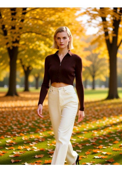 Kadın Crop Kesim Fermuarlı Polo Yaka Uzun Kollu Fitilli Triko Hırka Günlük Şıklık ve Sunan Tasarım fırsatları