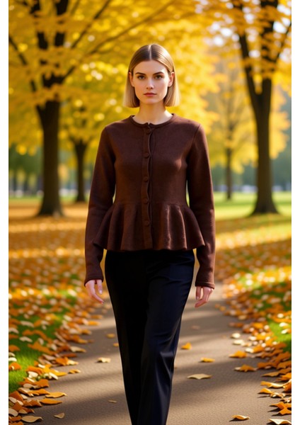 Kadın Bisiklet Yaka Etek Ucu Volanlı Düğmeli Triko Hırka Uzun Kollu Rahat Kesim Günlük Stilinize