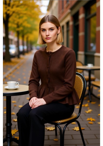 Kadın Bisiklet Yaka Etek Ucu Volanlı Düğmeli Triko Hırka Uzun Kollu Rahat Kesim Günlük Stilinize fiyatları