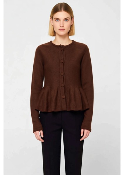 Kadın Bisiklet Yaka Etek Ucu Volanlı Düğmeli Triko Hırka Uzun Kollu Rahat Kesim Günlük Stilinize fırsatları